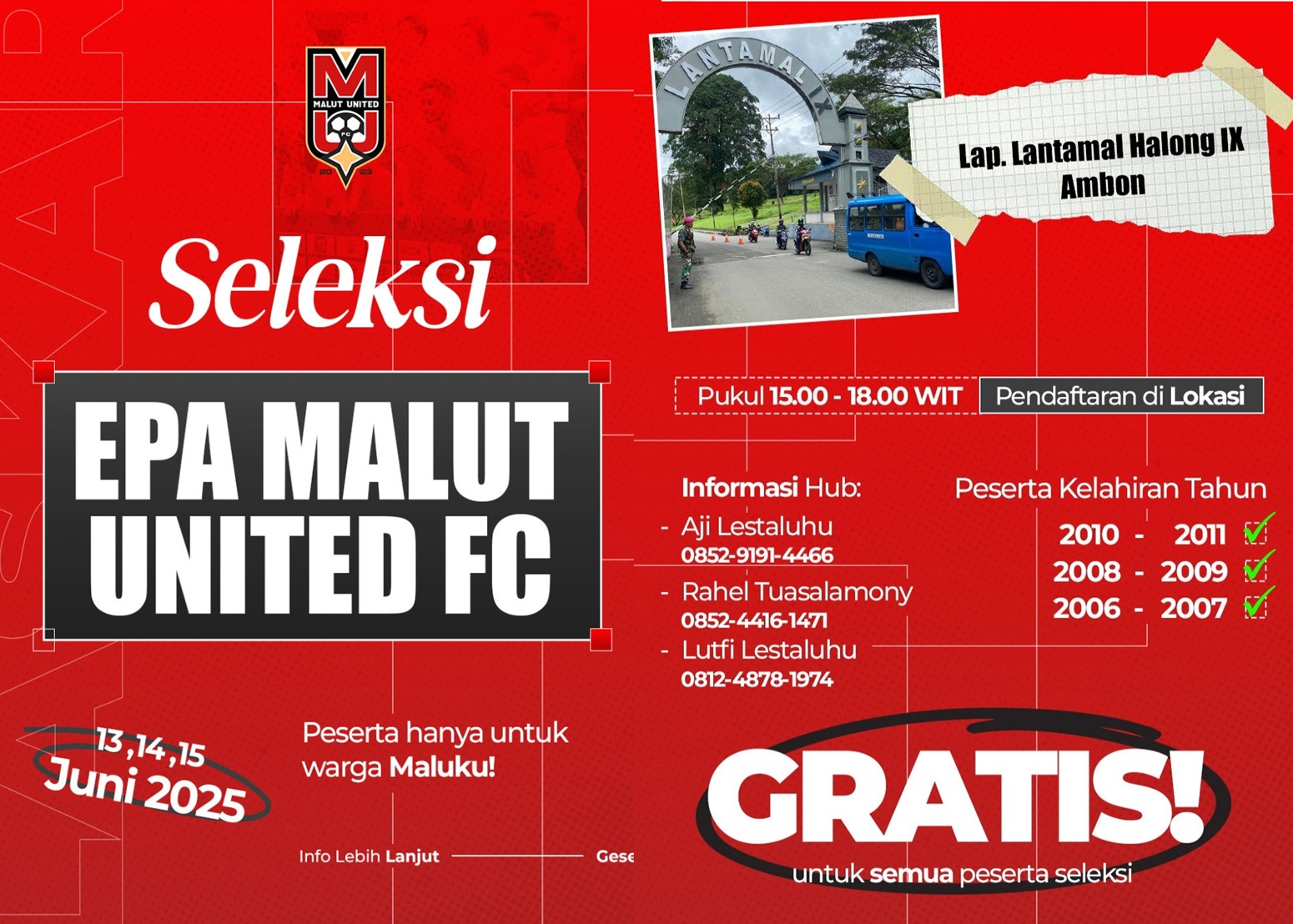 GRATIS! Ribuan Anak Maluku Adu Bakat di Seleksi EPA Malut United 2025